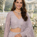 Stylish Lavender Net Embroidered Bridal Lehenga Choli with Full Sleeves for Wedding