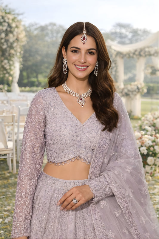 Stylish Lavender Net Embroidered Bridal Lehenga Choli with Full Sleeves for Wedding