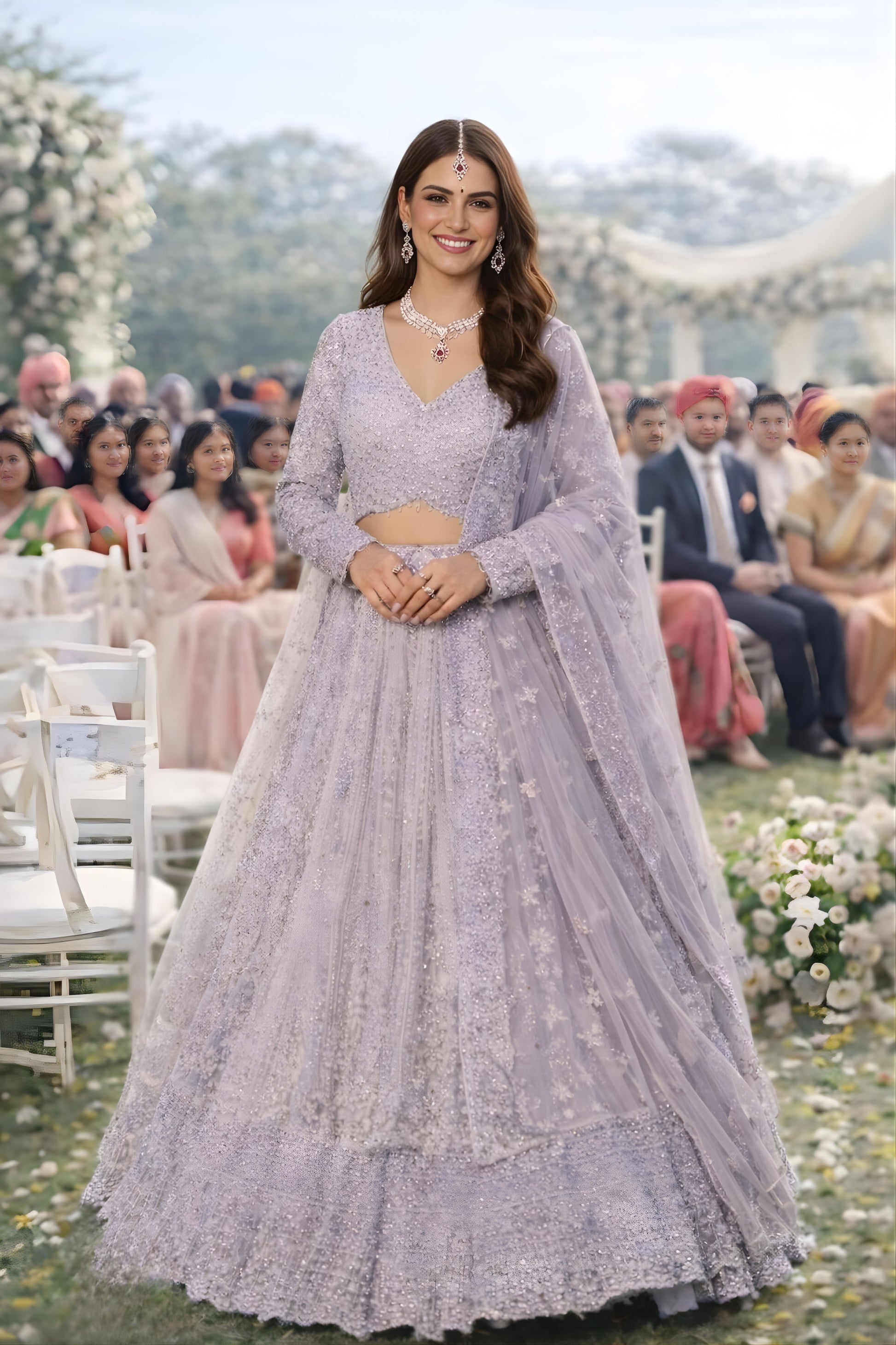 Stylish Lavender Net Embroidered Bridal Lehenga Choli with Full Sleeves for Wedding