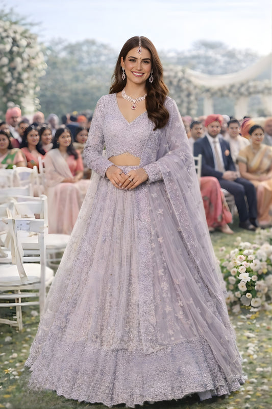 Stylish Lavender Net Embroidered Bridal Lehenga Choli with Full Sleeves for Wedding