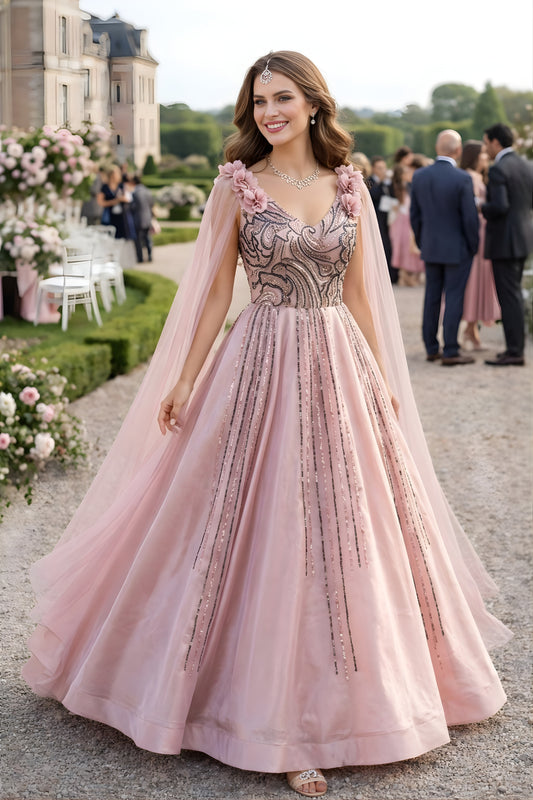 Stylish Pink Jimmy Choo Organza Embroidered Gown with Cape Sleeves for Women