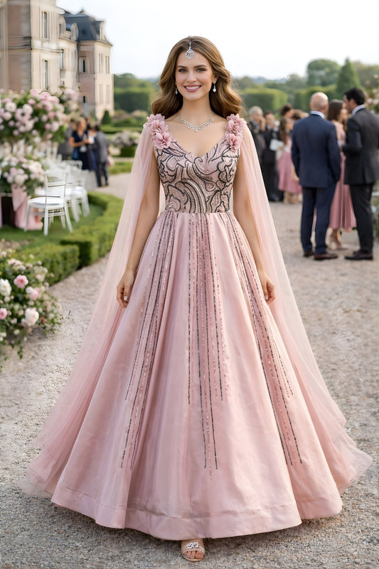 Stylish Pink Jimmy Choo Organza Embroidered Gown with Cape Sleeves for Women