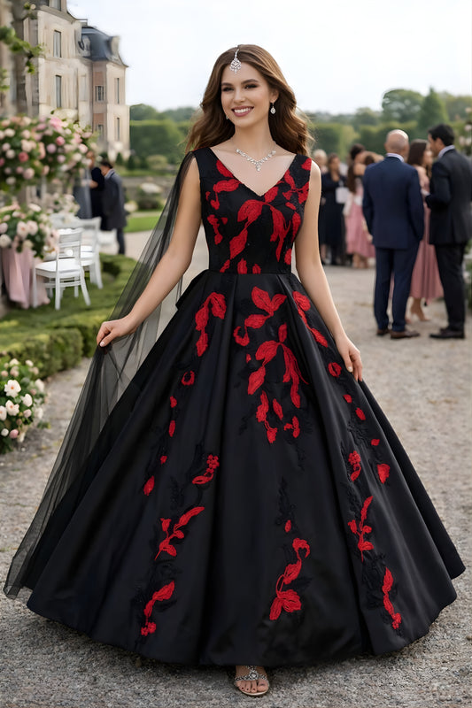 Wonderful Black Jimmy Choo Organza Embroidered Gown with Cape Sleeves for Women
