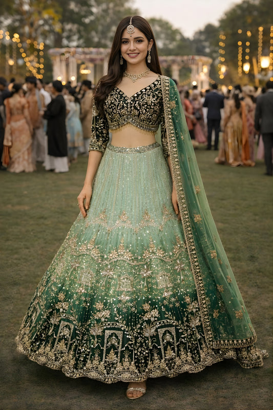 Elegant Sea Green Embroidered Readymade Net Lehenga Choli with Dupatta for Women