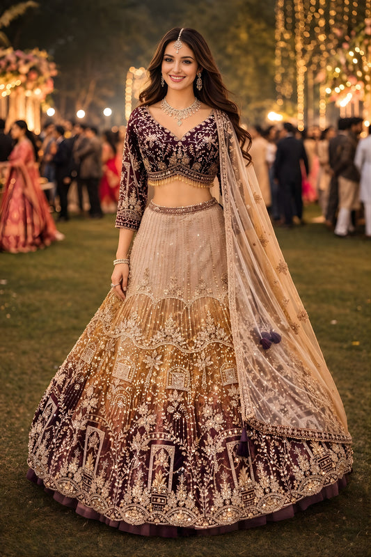 Beautiful Beige Embroidered Readymade Net Lehenga Choli with Dupatta for Women