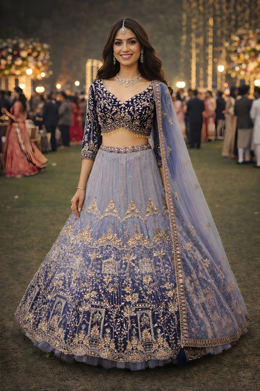 Stylish Blue Shaded Embroidered Readymade Net Lehenga Choli with Dupatta for Women