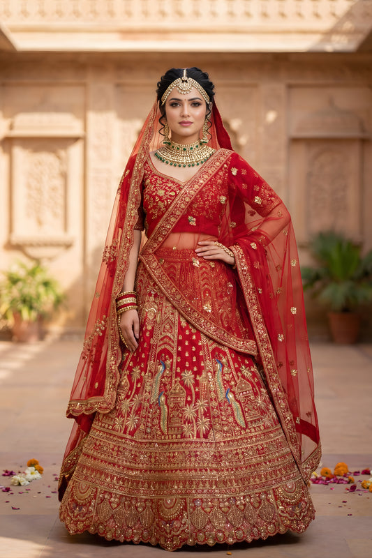 Stylish Red Designer Lehenga Choli with Embroidery Work and Designer Dupatta for Wedding