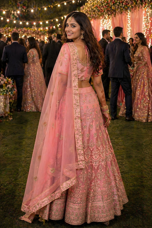 Elegant Baby Pink Embroidered Wedding Lehenga Choli with Net Dupatta for Women