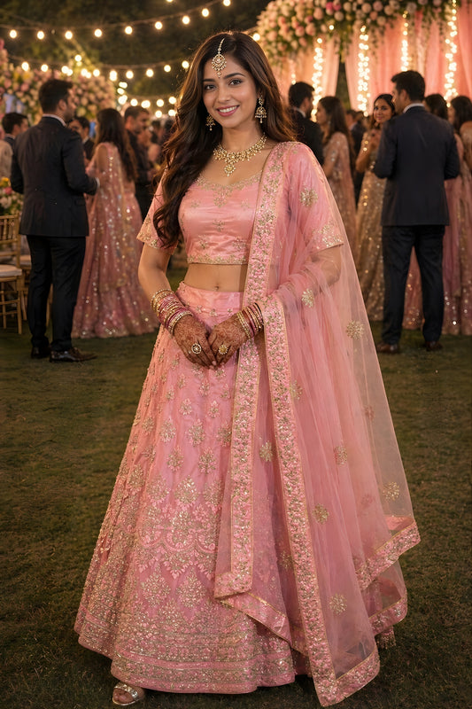 Elegant Baby Pink Embroidered Wedding Lehenga Choli with Net Dupatta for Women