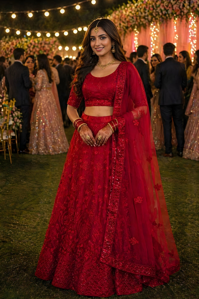 Luxury Red Embroidered Bridal Lehenga Choli with Net Dupatta for Women