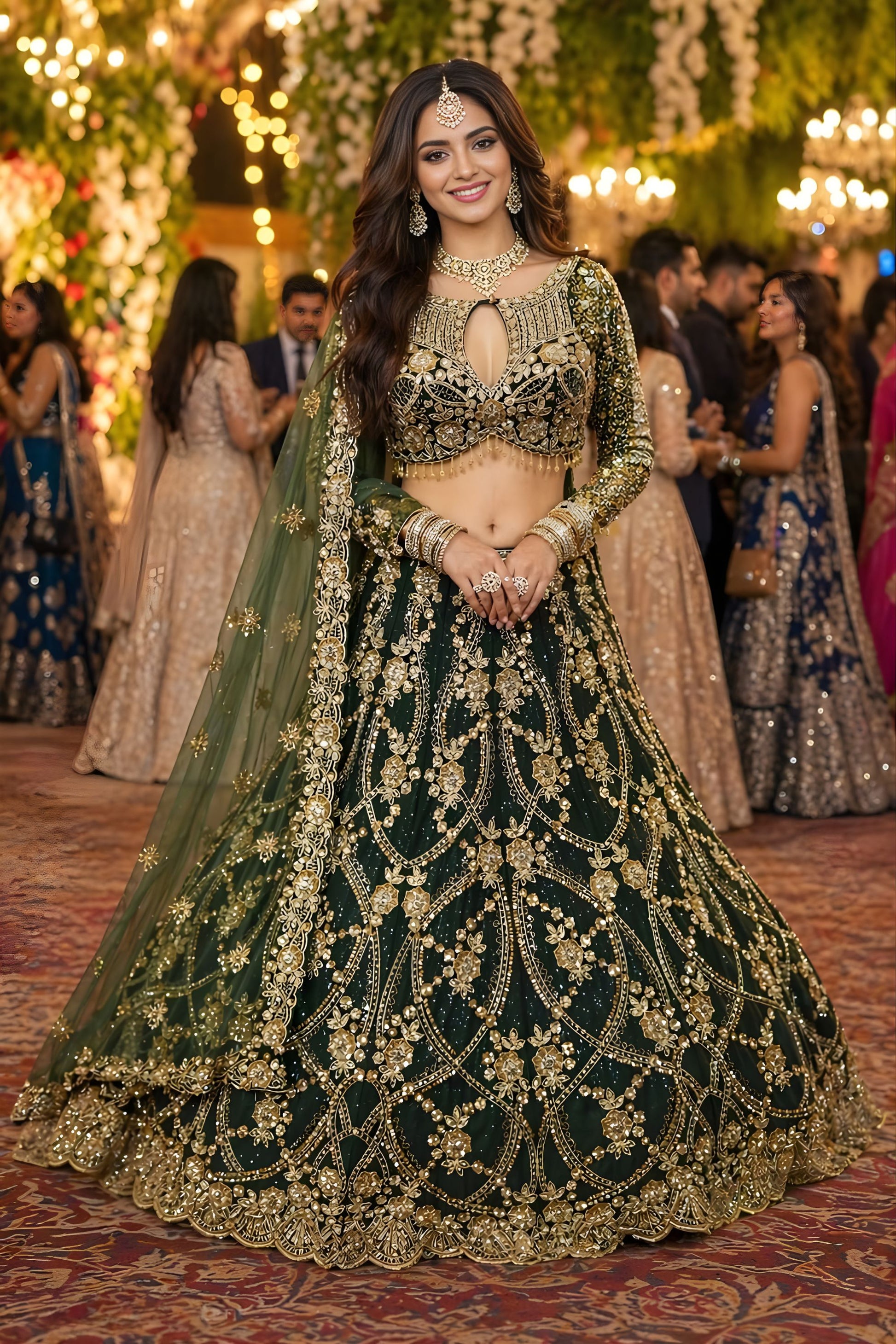 Luxury Dark Green Net Heavy Work  Bridal Lehenga Choli with Dupatta for Women