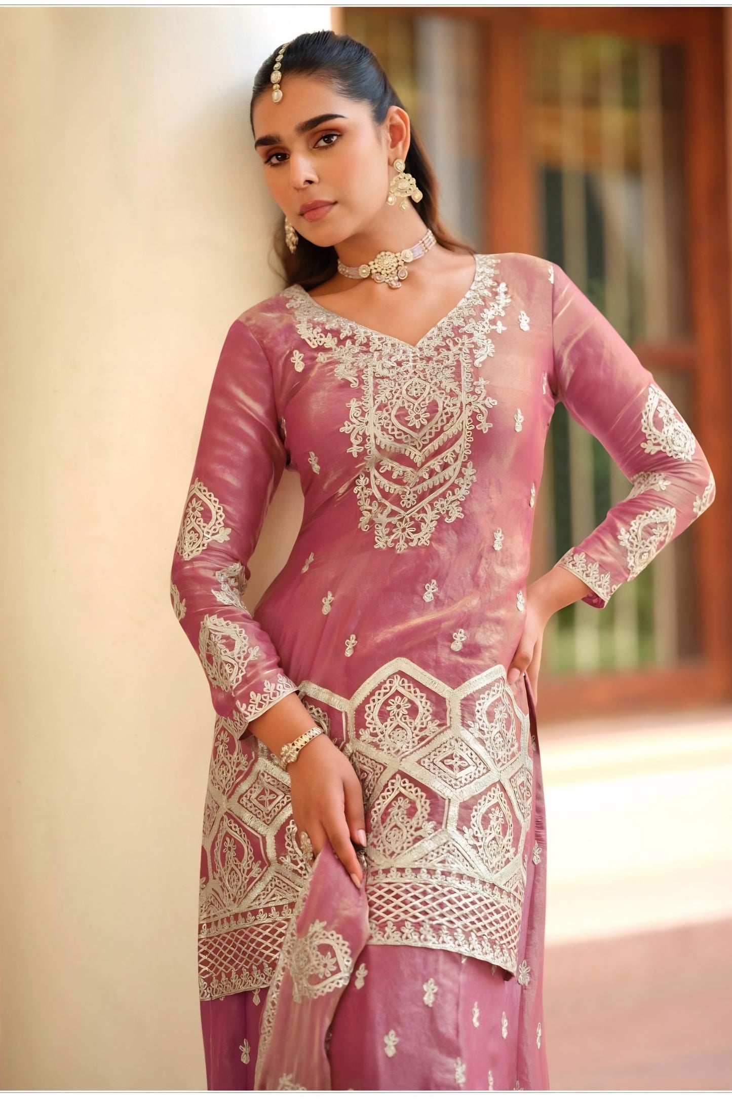 Elegant Dusty Rose Pink Embroidered Tora Silk Party Wear Palazzo Suit with Dupatta