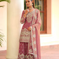Elegant Dusty Rose Pink Embroidered Tora Silk Party Wear Palazzo Suit with Dupatta