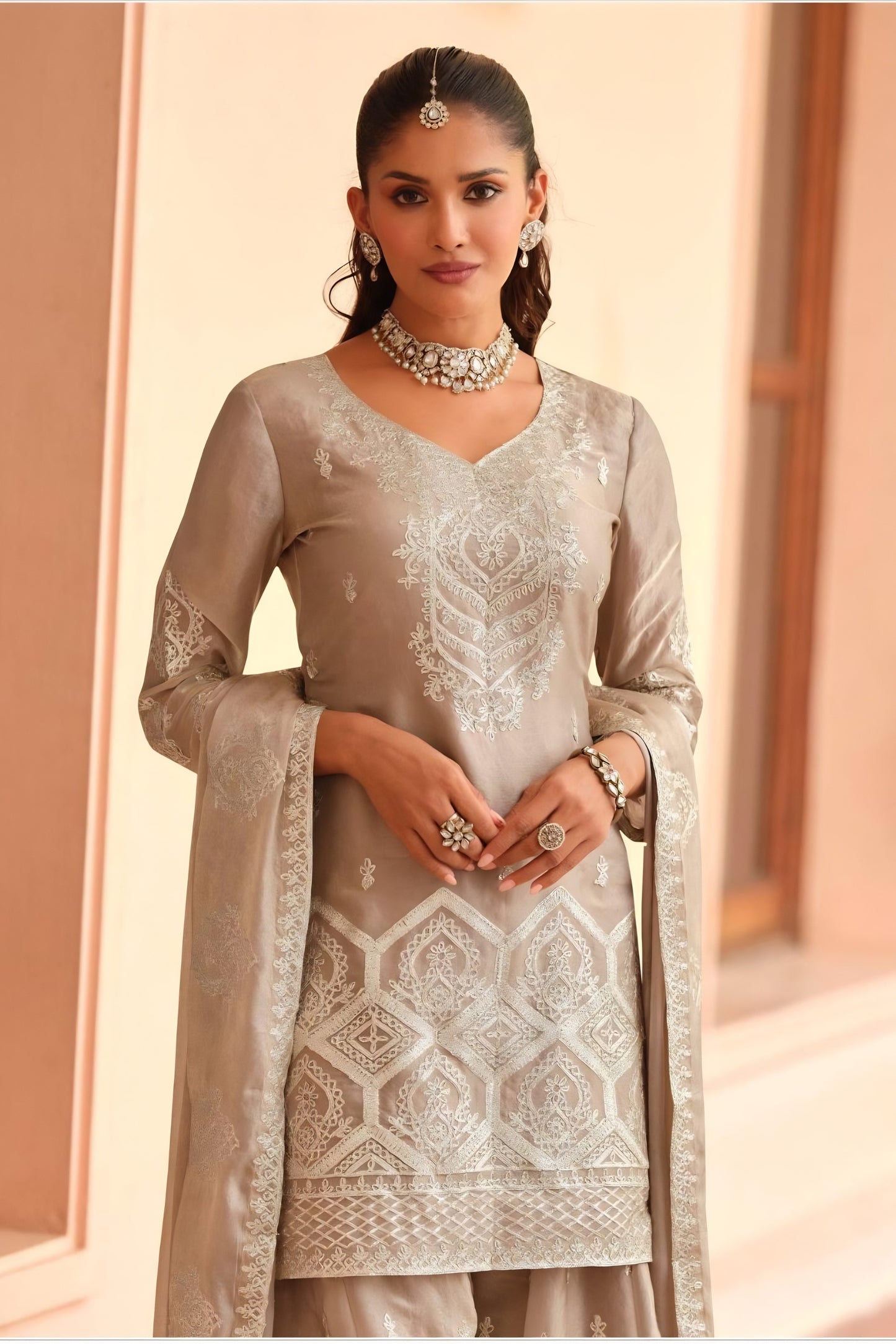 Amazing Grey Embroidered Tora Silk Party Wear Palazzo Suit with Dupatta