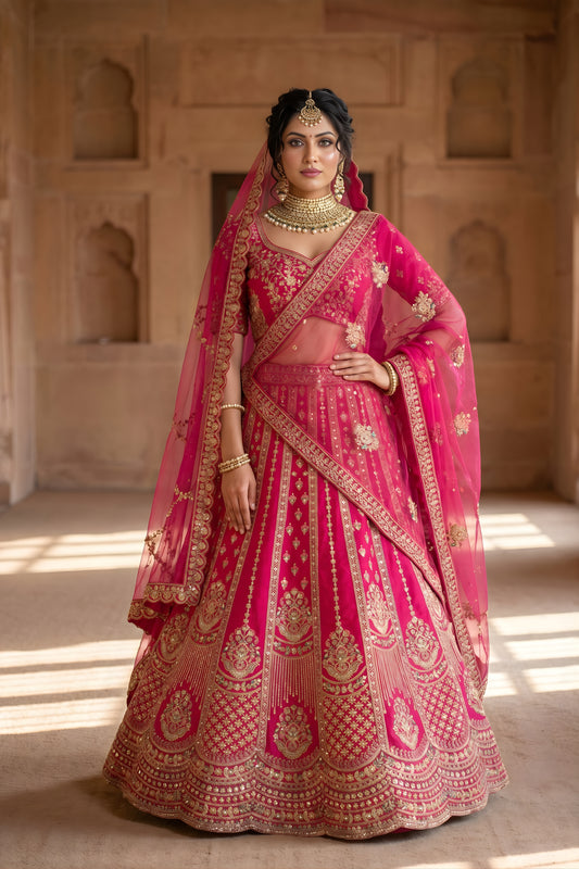 Beautiful Rani Pink Designer Lehenga Choli with Embroidery Work and Designer Dupatta for Wedding