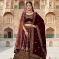 Awesome Maroon Velvet Designer Lehenga Choli with Embroidery Work and Designer Dupatta for Wedding