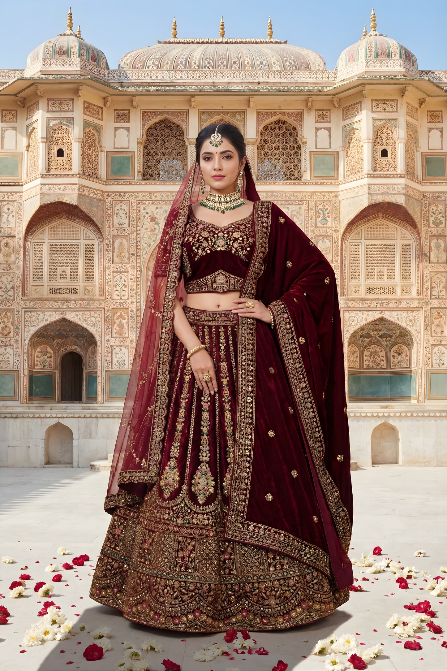 Awesome Maroon Velvet Designer Lehenga Choli with Embroidery Work and Designer Dupatta for Wedding