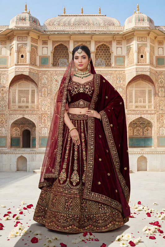 Awesome Maroon Velvet Designer Lehenga Choli with Embroidery Work and Designer Dupatta for Wedding