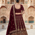 Awesome Maroon Velvet Designer Lehenga Choli with Embroidery Work and Designer Dupatta for Wedding