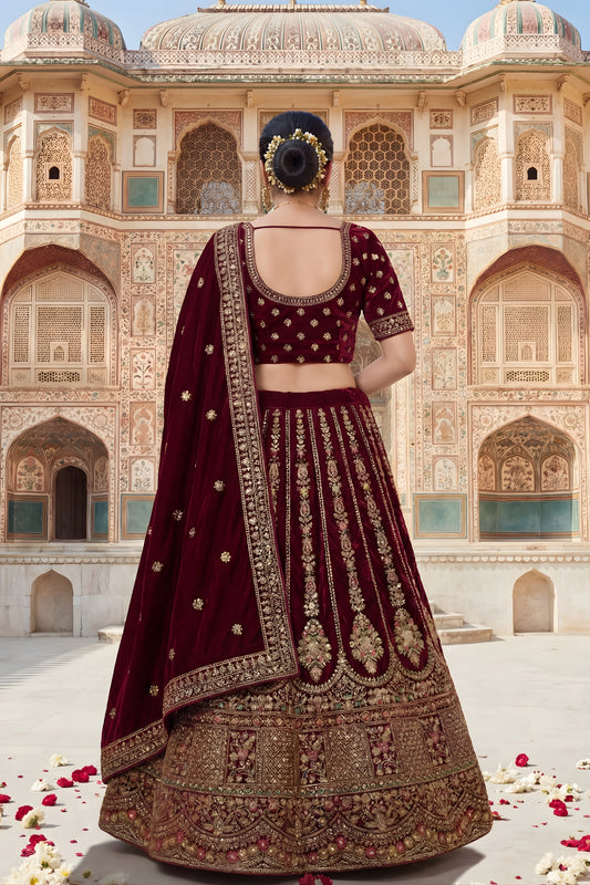 Awesome Maroon Velvet Designer Lehenga Choli with Embroidery Work and Designer Dupatta for Wedding