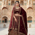 Awesome Maroon Velvet Designer Lehenga Choli with Embroidery Work and Designer Dupatta for Wedding