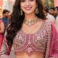Luxury Dusty Rose Pink Net Heavy Embroidered Bridal Lehenga Choli Dupatta