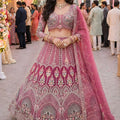 Luxury Dusty Rose Pink Net Heavy Embroidered Bridal Lehenga Choli Dupatta