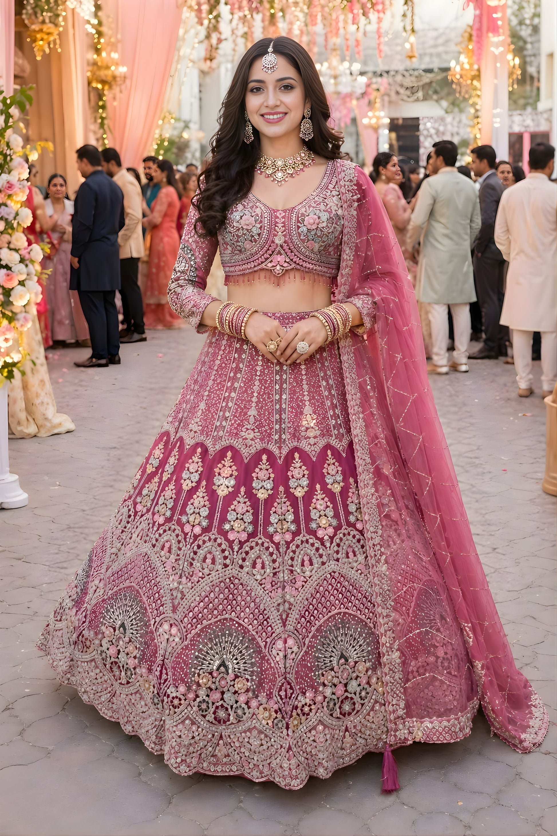 Luxury Dusty Rose Pink Net Heavy Embroidered Bridal Lehenga Choli Dupatta