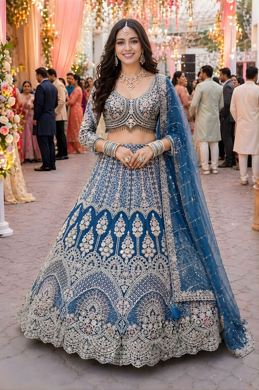 Royal Steel Blue Net Heavy Embroidered Bridal Lehenga Choli Designer Dupatta