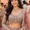 Luxury Dusty Mauve Pink Net Heavy Embroidered Bridal Lehenga Choli Dupatta