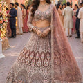 Luxury Dusty Mauve Pink Net Heavy Embroidered Bridal Lehenga Choli Dupatta