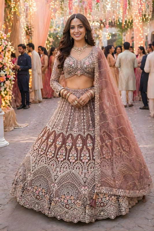 Luxury Dusty Mauve Pink Net Heavy Embroidered Bridal Lehenga Choli Dupatta