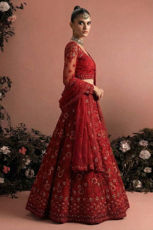Luxury Red Designer Lehenga Choli with Heavy Embroidery Work and Matching Dupatta
