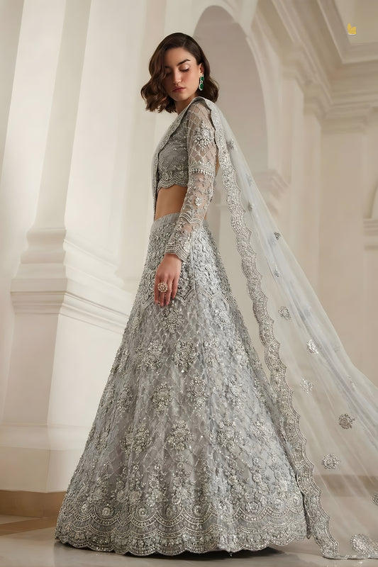 Luxury Grey Butterfly Net Embroidered Lehenga Choli for Wedding