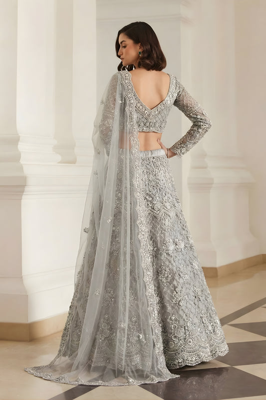 Luxury Grey Butterfly Net Embroidered Lehenga Choli for Wedding