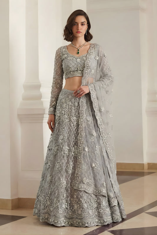 Luxury Grey Butterfly Net Embroidered Lehenga Choli for Wedding