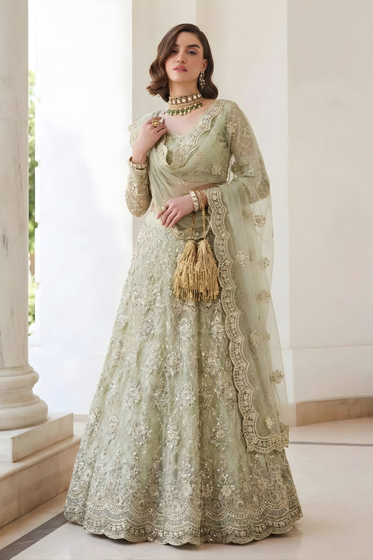 Stylish Pista Green Butterfly Net Embroidered Lehenga Choli for Wedding