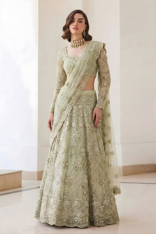 Stylish Pista Green Butterfly Net Embroidered Lehenga Choli for Wedding