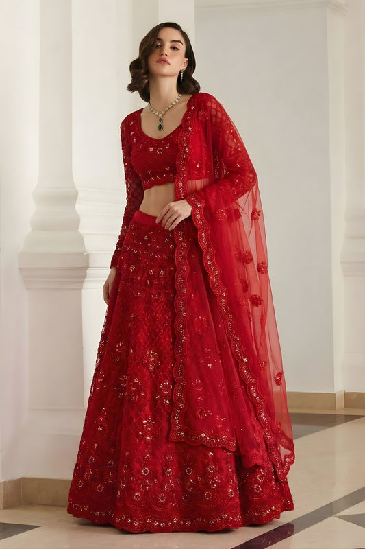 Elegant Red Butterfly Net Embroidered Lehenga Choli for Wedding