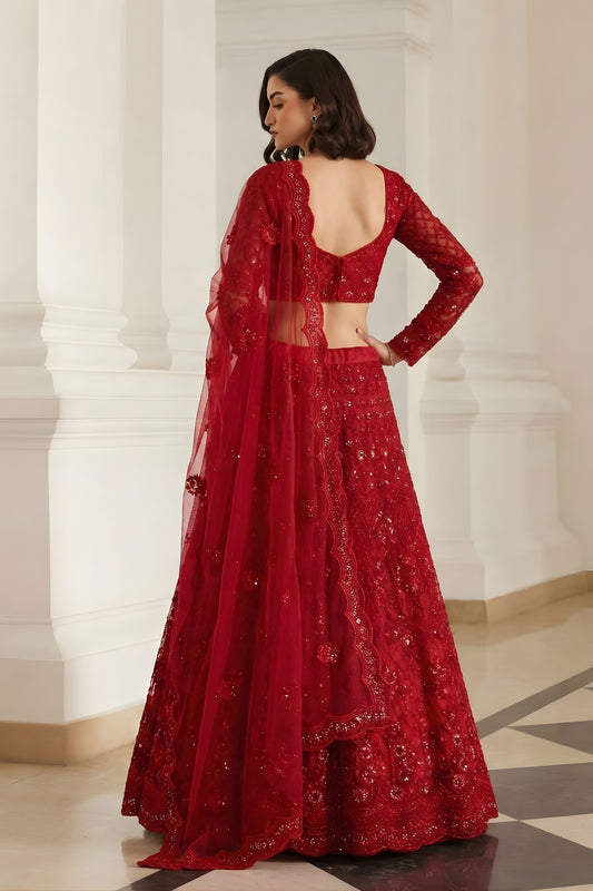 Elegant Red Butterfly Net Embroidered Lehenga Choli for Wedding