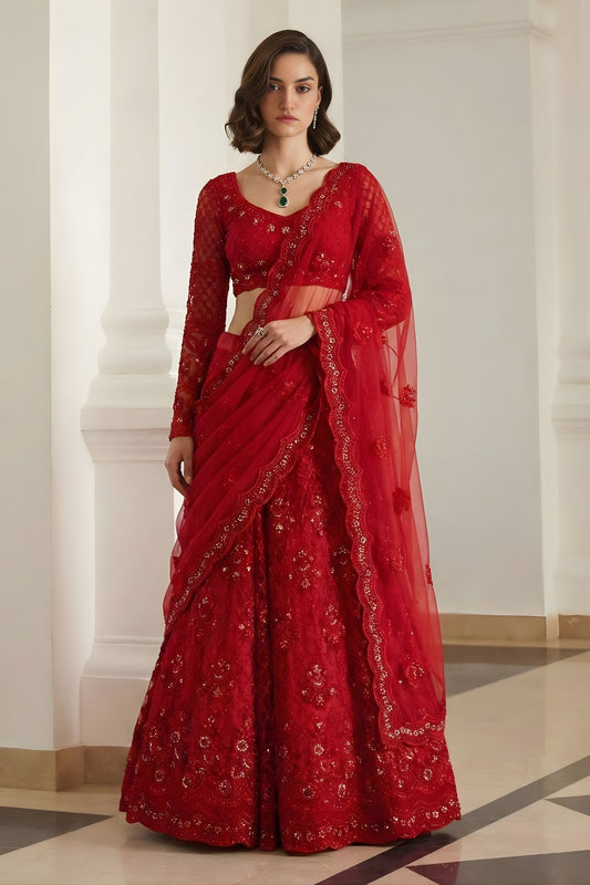 Elegant Red Butterfly Net Embroidered Lehenga Choli for Wedding