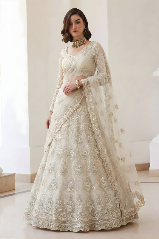 Stunning Off-White Butterfly Net Embroidered Lehenga Choli for Wedding