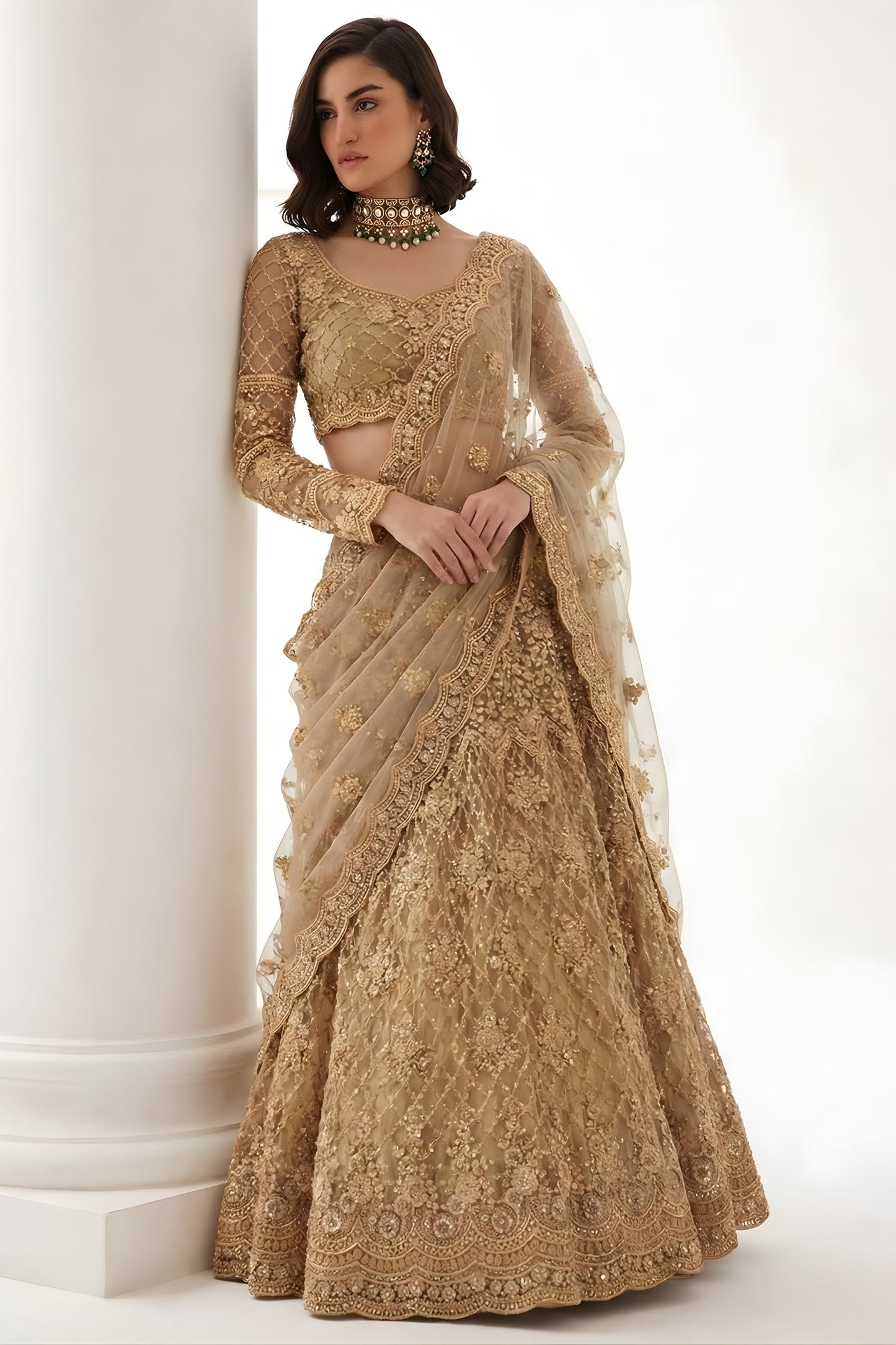 Majestic Beige Butterfly Net Embroidered Lehenga Choli for Wedding