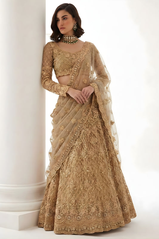 Majestic Beige Butterfly Net Embroidered Lehenga Choli for Wedding