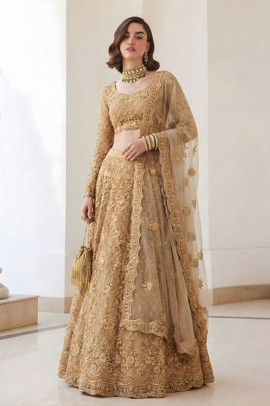 Majestic Beige Butterfly Net Embroidered Lehenga Choli for Wedding