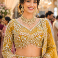 Luxury Mustard Yellow Embroidered Bridal Lehenga Choli with Designer Net Dupatta for Wedding