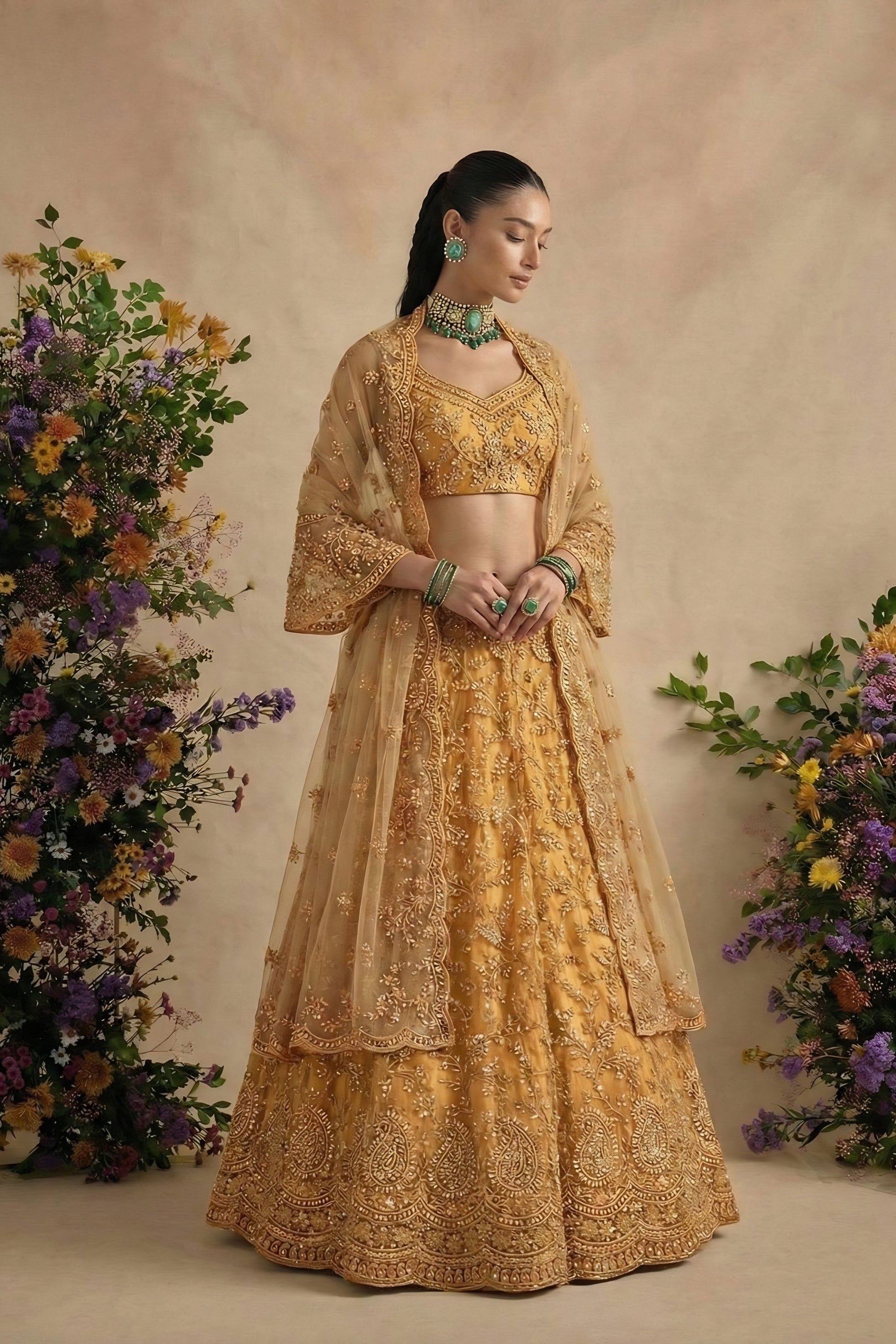 Luxury Mustard Yellow Butterfly Net Embroidered Lehenga Choli with Dupatta for Women
