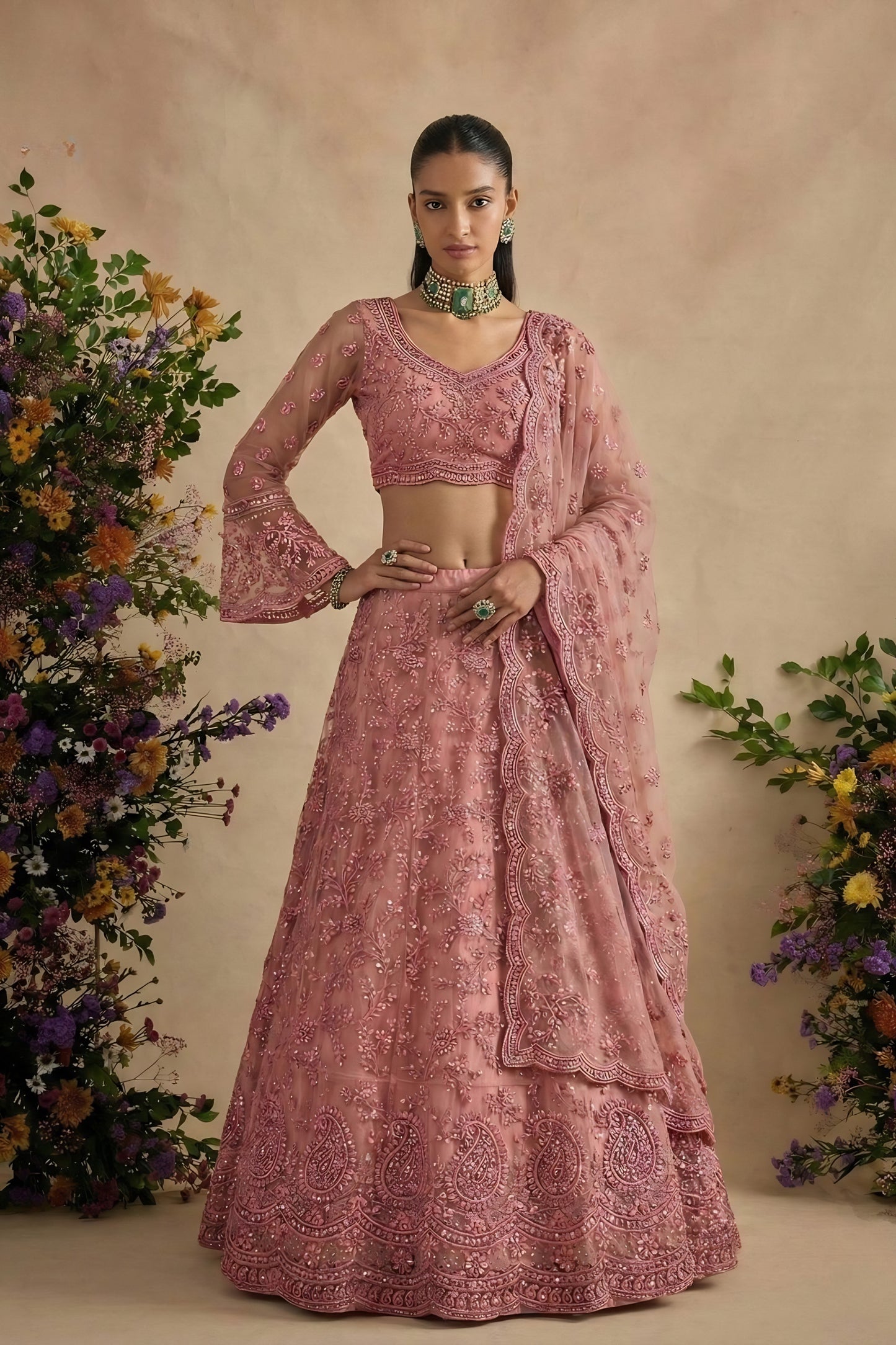 Stylish Pink Butterfly Net Embroidered Lehenga Choli with Dupatta for Women