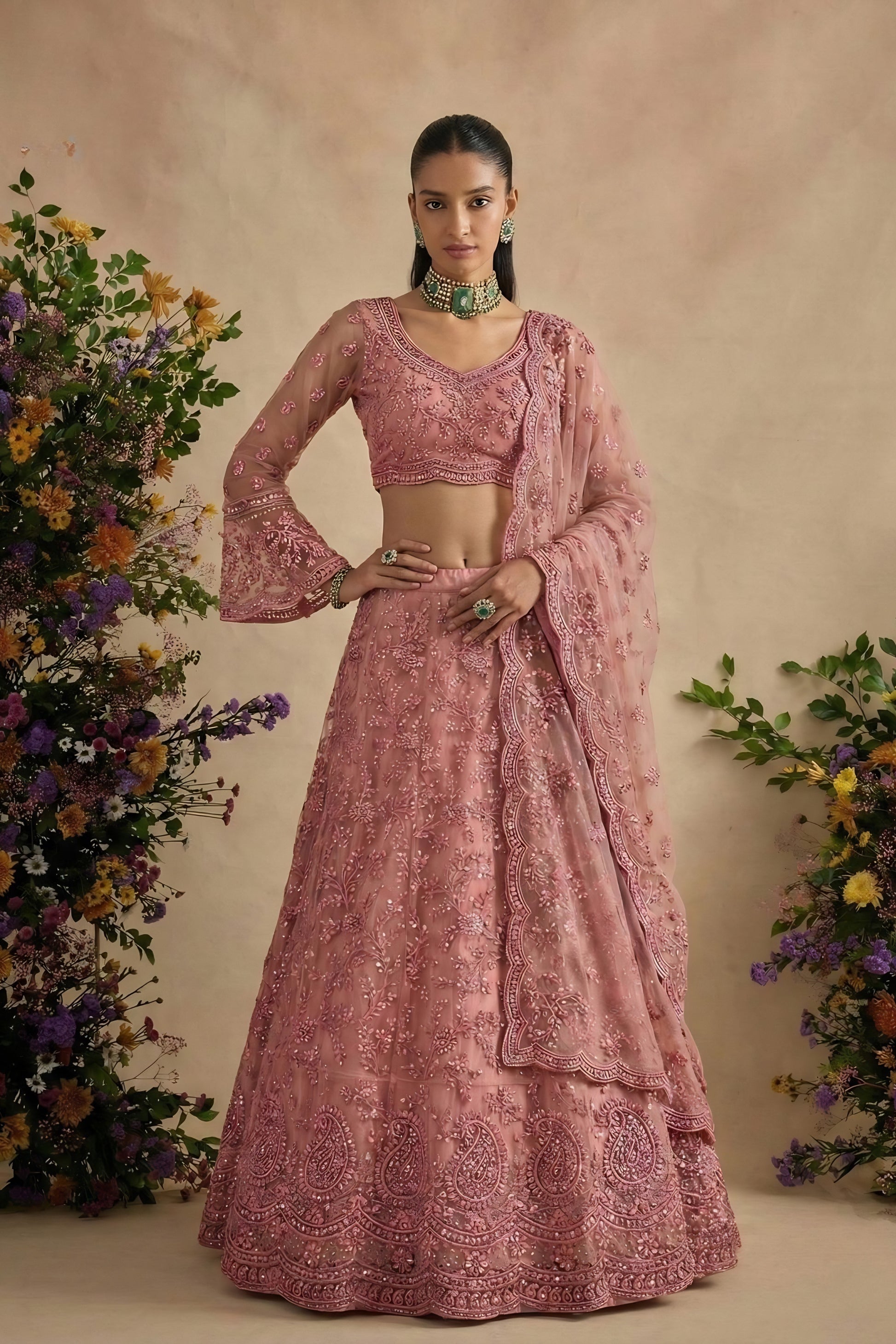 Stylish Pink Butterfly Net Embroidered Lehenga Choli with Dupatta for Women