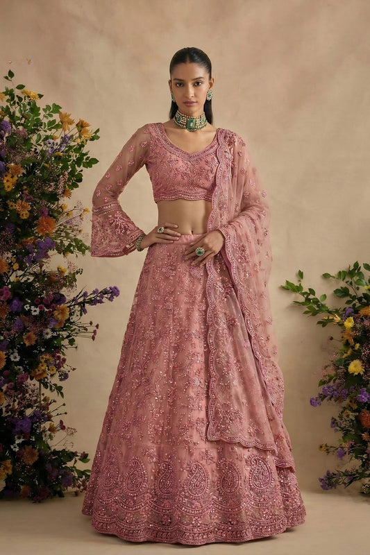 Stylish Pink Butterfly Net Embroidered Lehenga Choli with Dupatta for Women